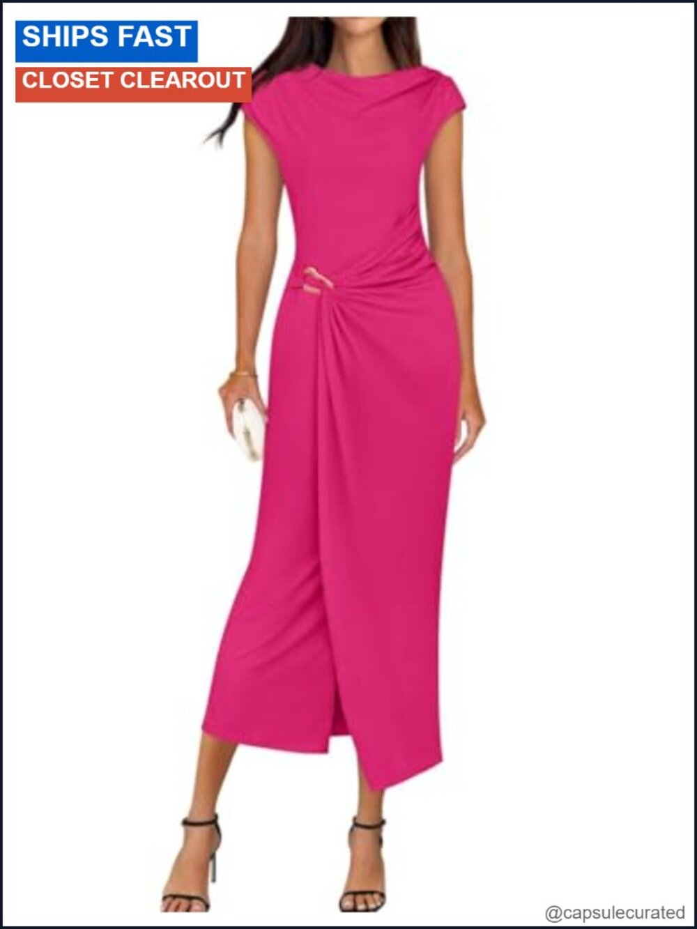 Cap Sleeve Bodycon Midi Dress Mock Neck Slit Wedding Guest Cocktail